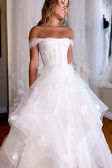A-Line Off-the-Shoulder Tiered Wedding Dress with Flowers