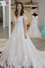 A-Line Off-the-Shoulder Tassel Long Wedding Dress With Applique