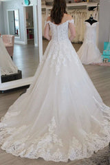 A-Line Off-the-Shoulder Tassel Long Wedding Dress With Applique