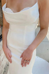 Round Neck Spaghetti Straps Mermaid Long Wedding Dress With Open Back