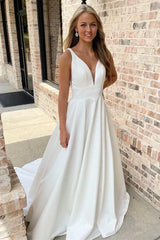A-Line V-Neck Open-Back Long Wedding Gown