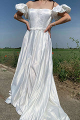 A-Line Off-the-Shoulder Puff Sleeve Wedding Dress With Open Back