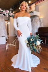 Off-the-Shoulder Long Sleeve Wedding Dress With Train