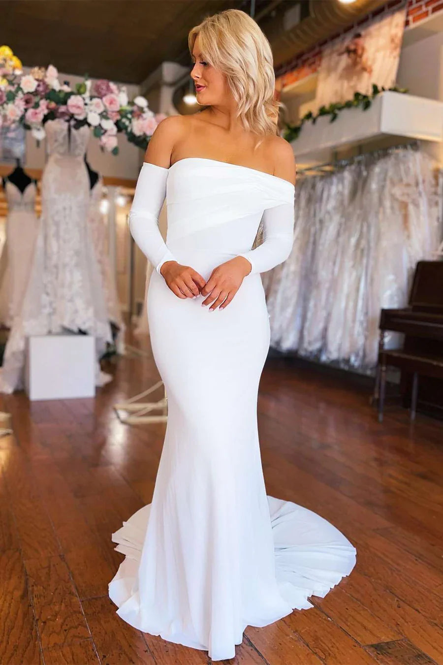 Off-the-Shoulder Long Sleeve Wedding Dress With Train