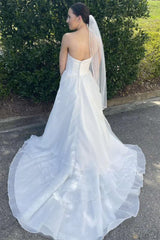 A-Line Strapless Multi-Tiered Long Wedding Dress With Train