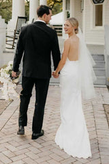 Satin Deep V Neck Backless Sheath Wedding Dress