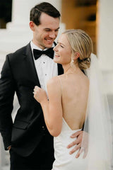 Satin Deep V Neck Backless Sheath Wedding Dress