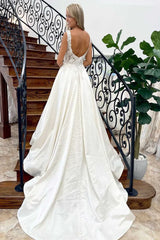 A-Line Satin V-Neck Backless Wedding Dress