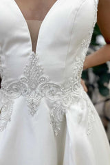 A-Line Satin V-Neck Backless Wedding Dress