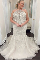 Beaded Halter Trumpet Long Wedding Dress With Train