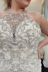 Beaded Halter Trumpet Long Wedding Dress With Train