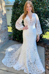 Lace Long Sleeve Backless Mermaid Wedding Dress With Lace Train