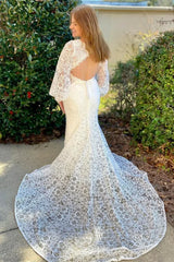 Lace Long Sleeve Backless Mermaid Wedding Dress With Lace Train