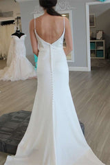 Spaghetti Straps Cowl Neck Backless Slit Long Wedding Dress With Train