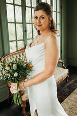 Spaghetti Straps Cowl Neck Backless Slit Long Wedding Dress With Train