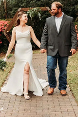 Spaghetti Straps Cowl Neck Backless Slit Long Wedding Dress With Train