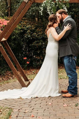 Spaghetti Straps Cowl Neck Backless Slit Long Wedding Dress With Train