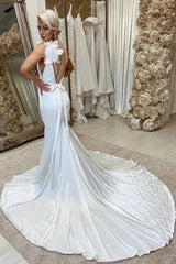 Deep V Neck Satin Backless Mermaid Wedding Dress with Flowers