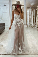 Lace Straps Tulle Wedding Dress With Open Back