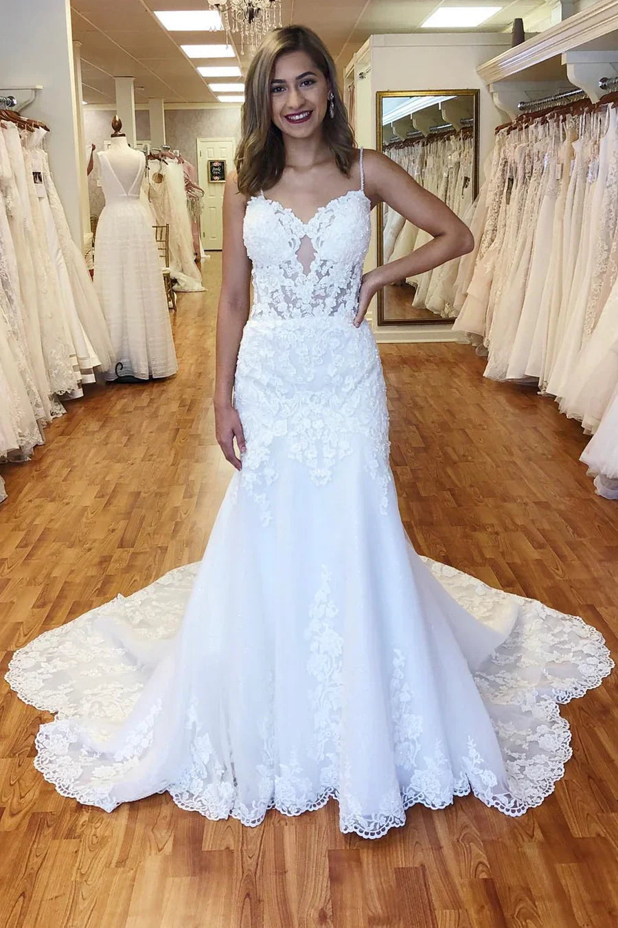 Lace Straps Mermaid Long Wedding Dress With Train