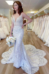 Lace V-Neck Backless Mermaid Long Wedding Dress