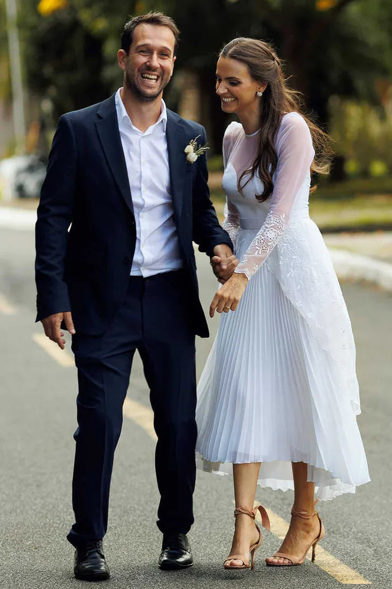 Sweetheart Long Sleeve Tea-length Wedding Dress