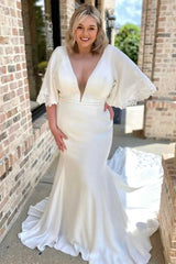 V-Neck Flutter Sleeve Mermaid Long Wedding Dress With Long Train