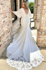 V-Neck Flutter Sleeve Mermaid Long Wedding Dress With Long Train