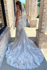 Lace V-Neck Mermaid Long Wedding Dress