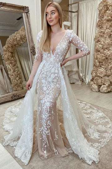 Lace Open Back Mermaid Wedding Dress with Train