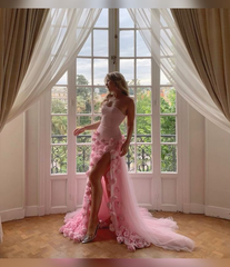 Charming Pink Strapless High Slit Flower Prom Dress SH717