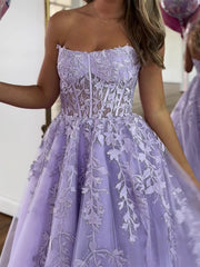 A-Line Tulle Lae Purple Long Prom Dress, Purple Lace Long Formal Dress