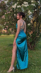 Simple Long Backless High Slit Prom Dress Wedding Guest Dress  SH1163