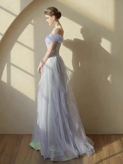 A-Line Sweetheart Neck Tulle Sequin Off Shoulder Purple Long Prom Dress