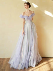 A-Line Sweetheart Neck Tulle Sequin Off Shoulder Purple Long Prom Dress