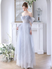 A-Line Off Shoulder Tulle Sequin Gray Long Prom Dress, Gray Sweet 16 Dress