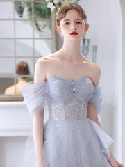 A-Line Off Shoulder Tulle Sequin Gray Long Prom Dress, Gray Sweet 16 Dress