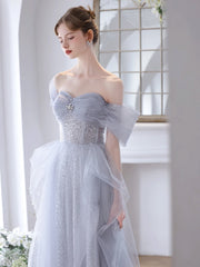 A-Line Off Shoulder Tulle Sequin Gray Long Prom Dress, Gray Sweet 16 Dress