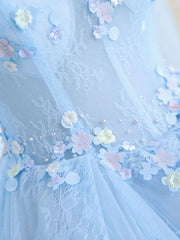 Blue A-Line Tulle Lace Long Prom Dresses, Blue Lace Formal Evening Dresses