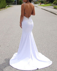 Satin Mermaid Wedding Dress Appliques Open Back