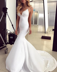Satin Mermaid Wedding Dress Appliques Open Back
