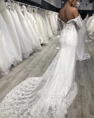 Puffy Sleeeves Mermaid Wedding Dress Lace Off Shoulder