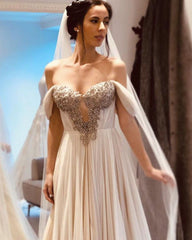 Chiffon Beach Wedding Dress Off Shoulder Beaded Neck