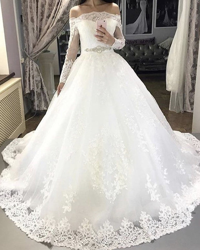 Vintage Lace Long Sleeves Wedding Dress Ball Gown Off Shoulder