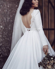Long Sleeves Satin Wedding Dress Open Back