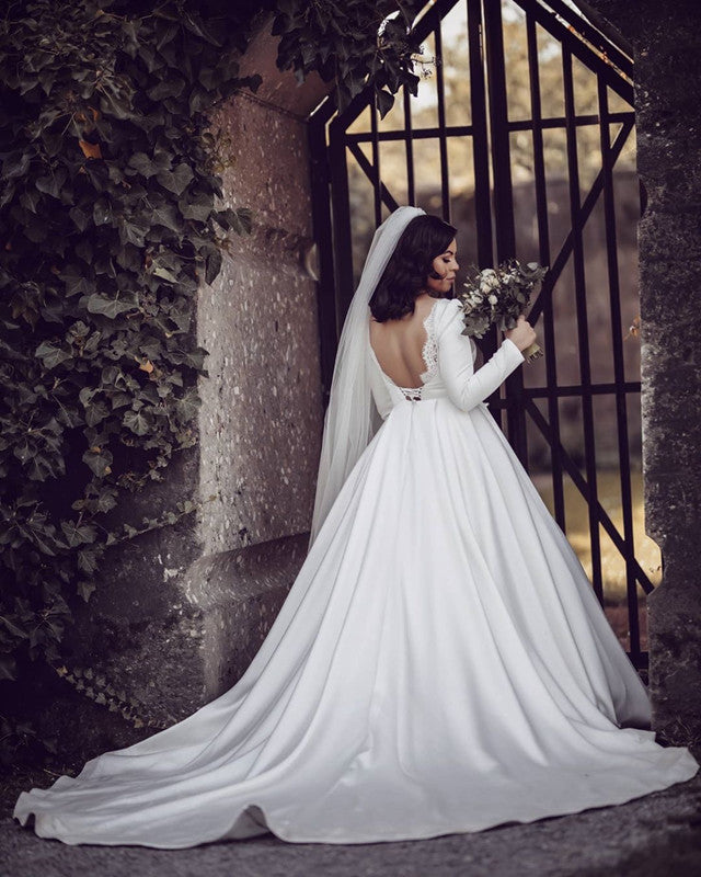Long Sleeves Satin Wedding Dress Open Back