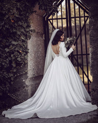 Long Sleeves Satin Wedding Dress Open Back