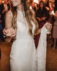 Lace Mermaid Wedding Dress Round Neck Open Back