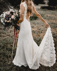 Lace Mermaid Wedding Dress Round Neck Open Back