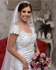 Lace Cap Sleeves Satin Mermaid Wedding Dress Sheer Neckline